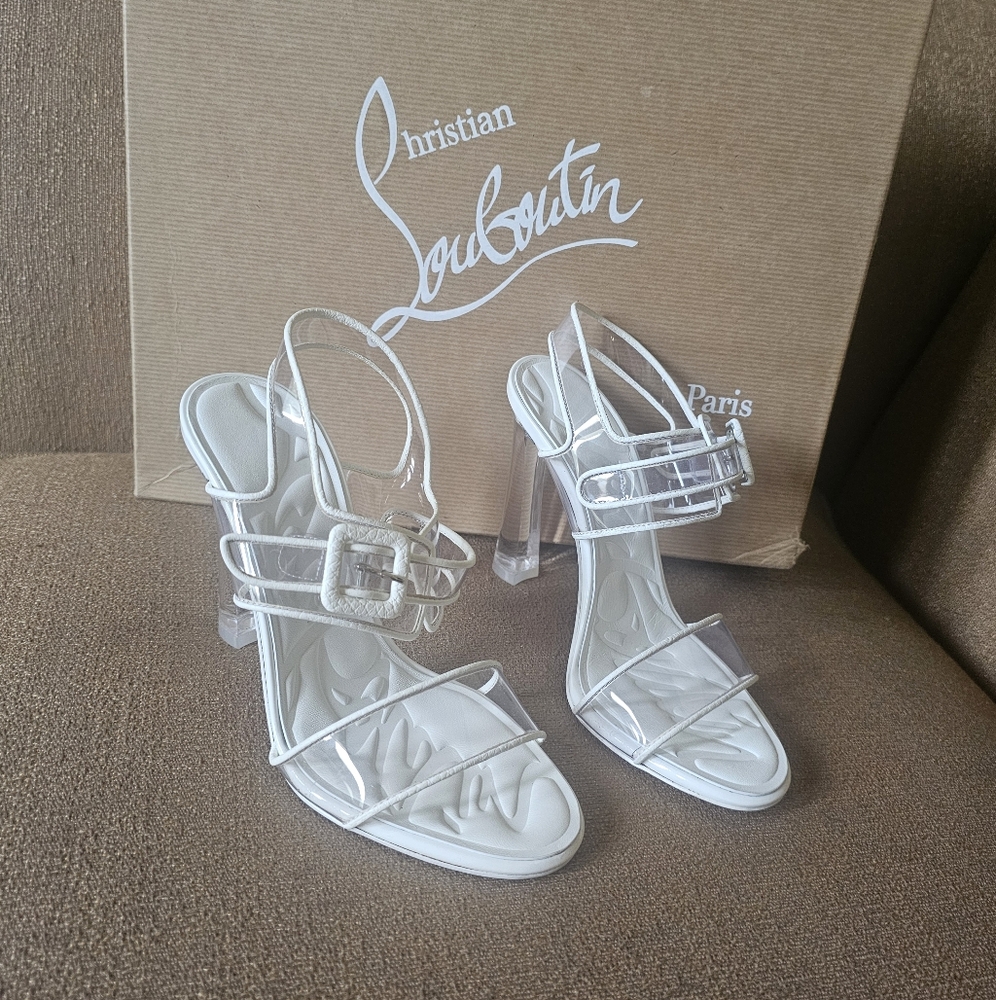 Christian Louboutin Loubi Duniss 100 White Clear PVC Strap Sandal Heel Pump 35
